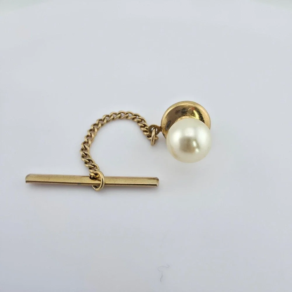 Vintage Faux Pearl Tie Tack Pin Buttonhole Barbell Chain Gold Tone FREE $HIP!!!